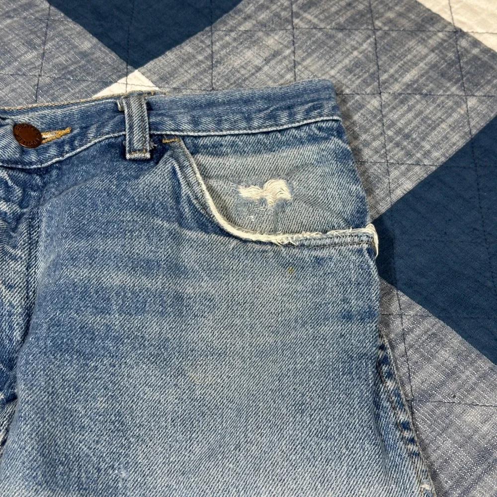 Vintage 70s BANDO Rustler Blue Denim Jeans Distressed Workwear 34x30 Costa Rica
